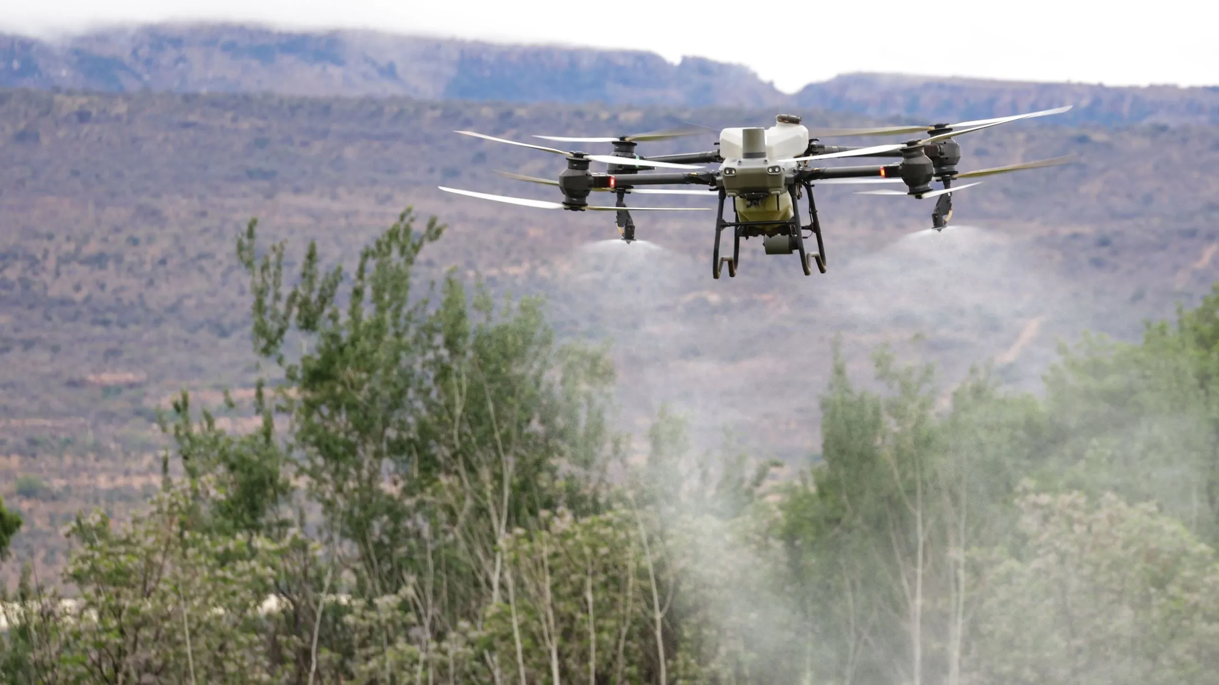 Drone agrícola pulverizando uma lavoura